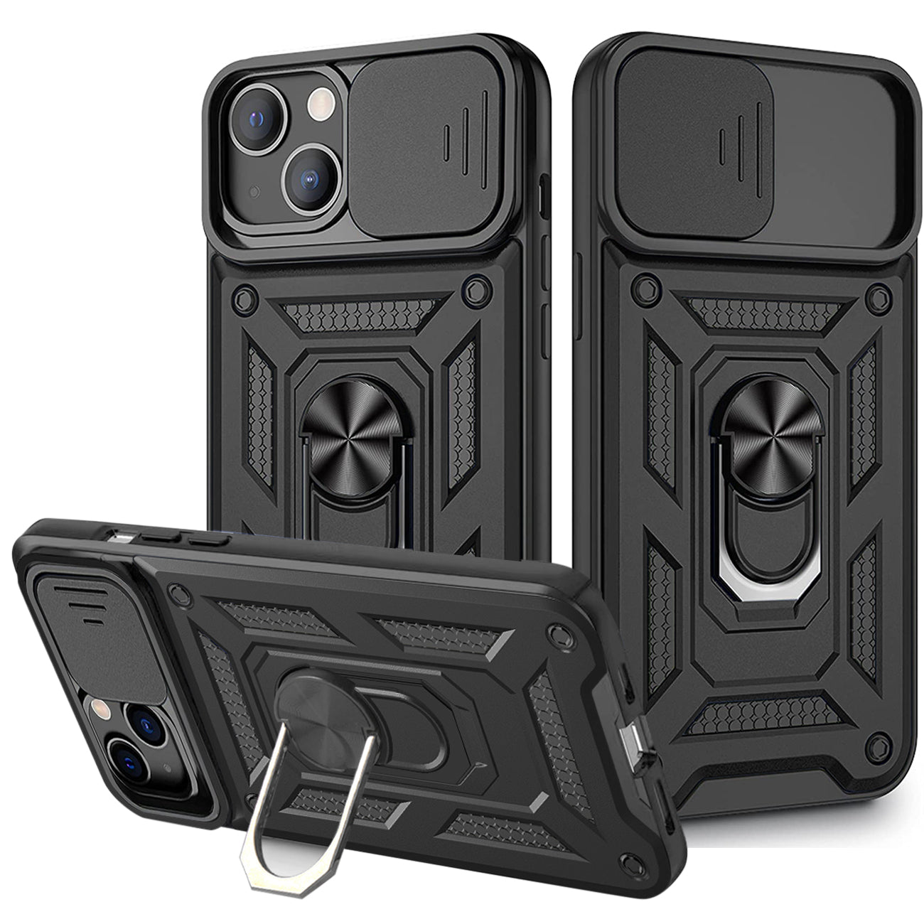 Kickstand Ring Holder & Slide Camera Cover Magnetic Car Mount for APPLE IPHONE 13 MINI In Black